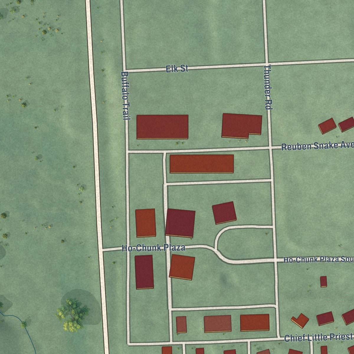 Second close-up of the map of Winnebago, Nebraska print showing more streets and buildings