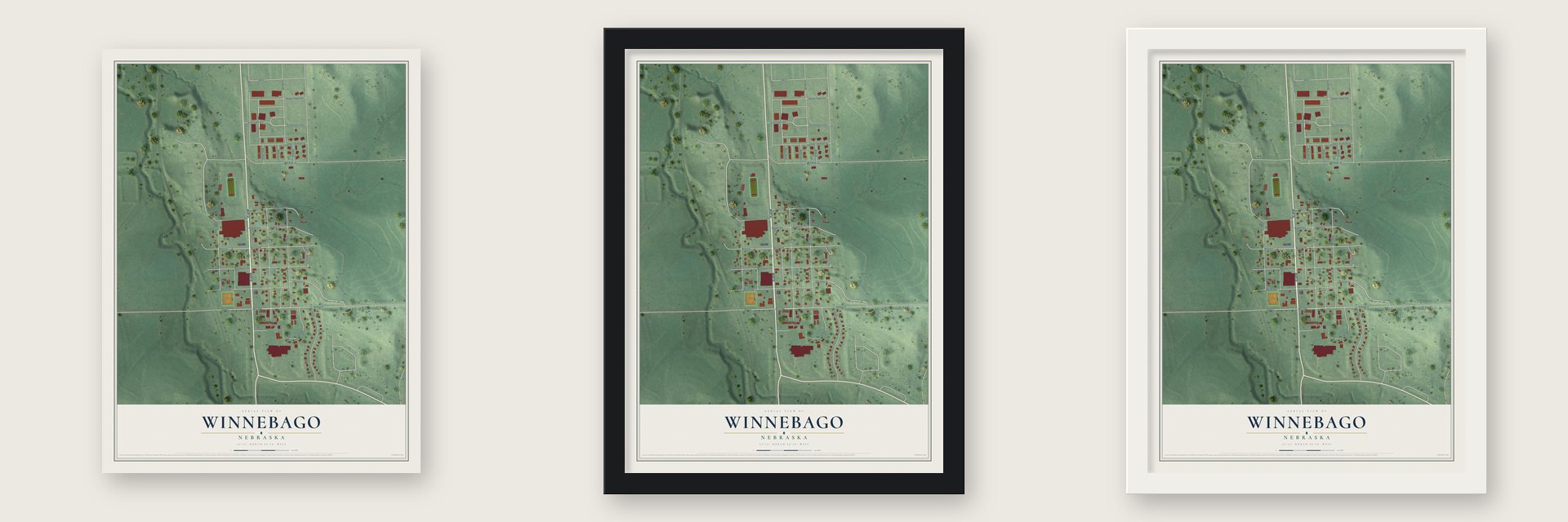 Winnebago, Nebraska map unframed, in a black wood frame and in a white wood frame