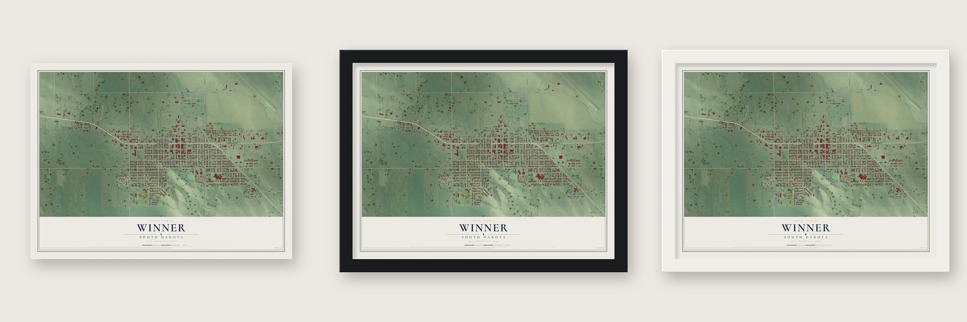 Winner, South Dakota map unframed, in a black wood frame and in a white wood frame
