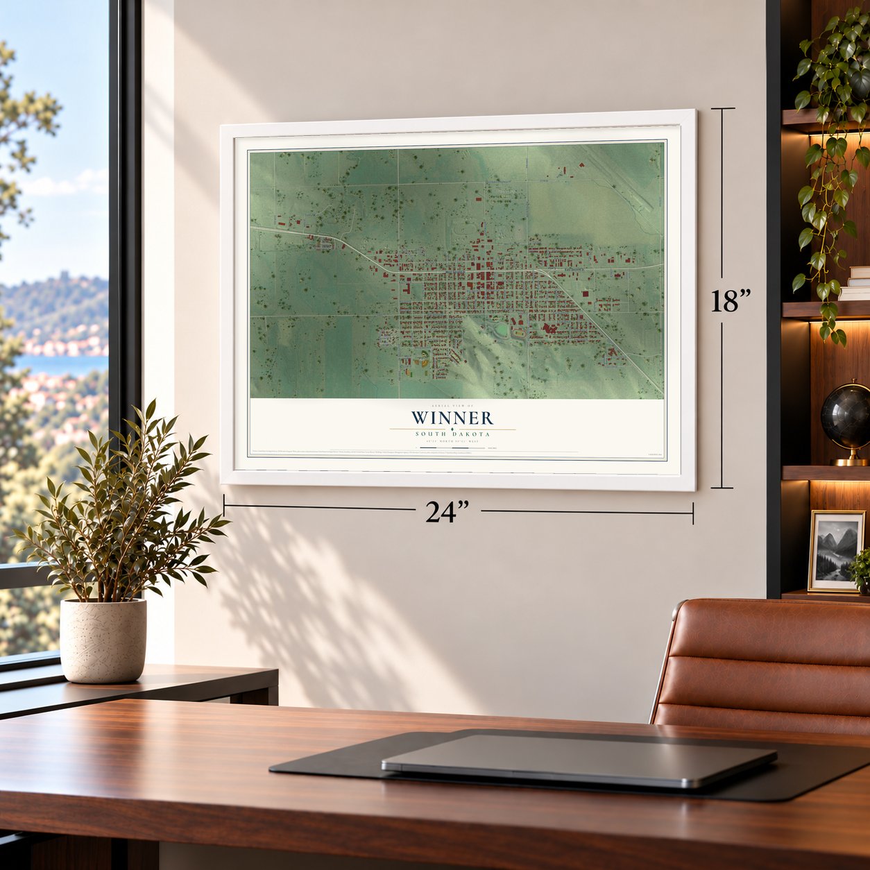 Winner, South Dakota map, 18 x 24 inch print in a white frame in a home office