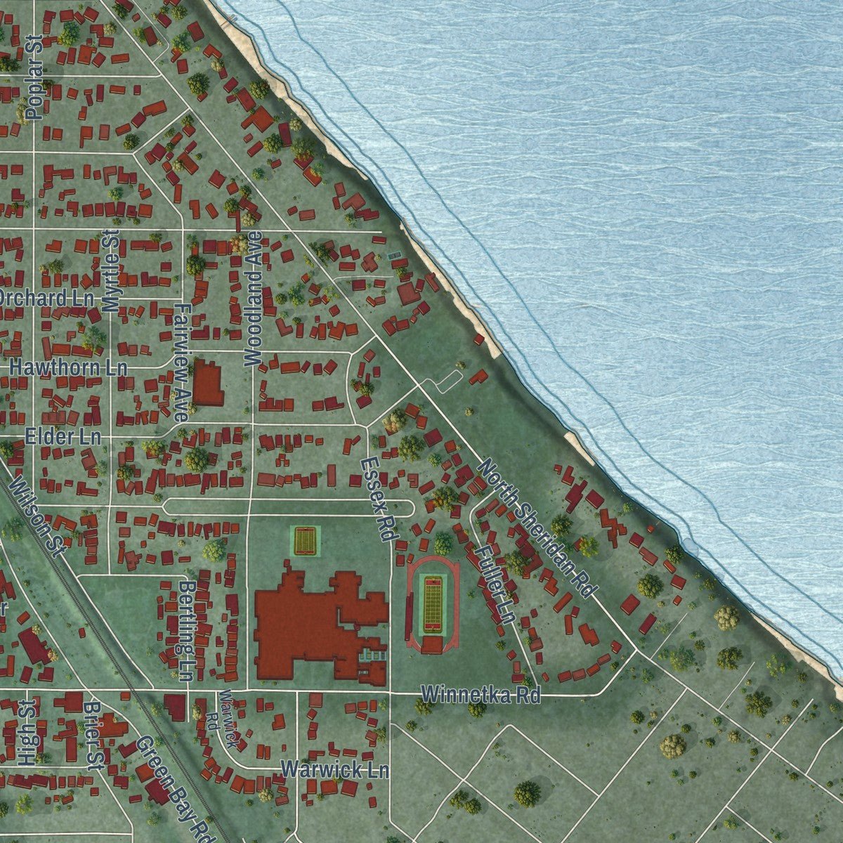 Second close-up of the map of Winnetka, Illinois print showing more streets and buildings