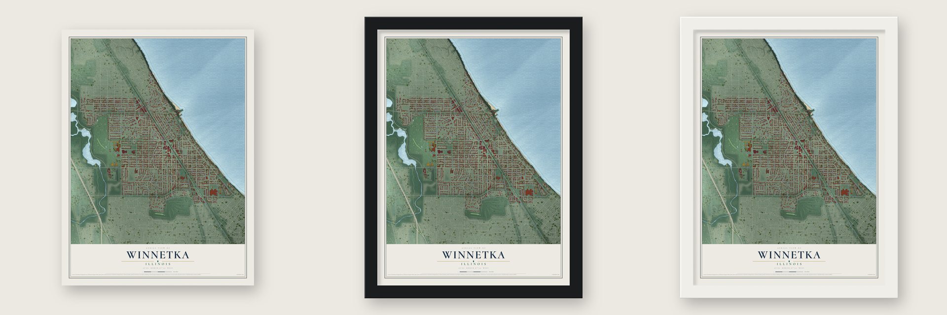 Winnetka, Illinois map unframed, in a black wood frame and in a white wood frame