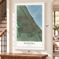 Winnetka, Illinois map, 24 x 36 inch print in a white frame by a staircase