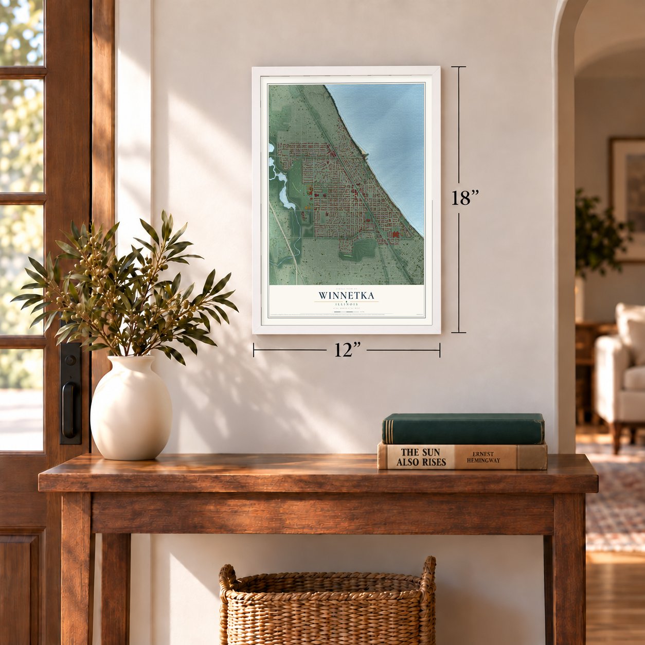 Winnetka, Illinois map, 12 x 18 inch print in a white frame in an entryway