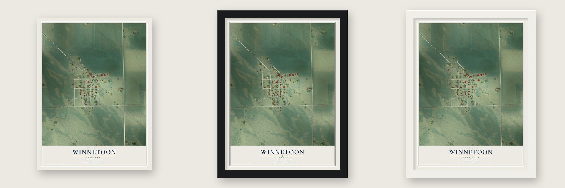 Winnetoon, Nebraska map unframed, in a black wood frame and in a white wood frame