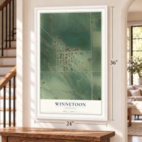 Winnetoon, Nebraska map, 24 x 36 inch print in a white frame by a staircase