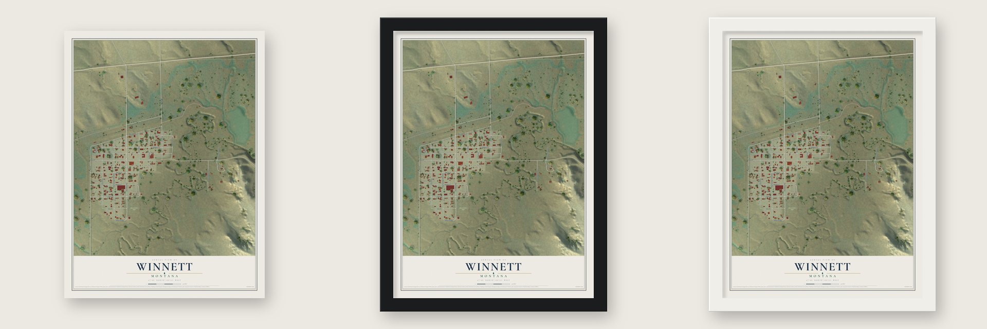 Winnett, Montana map unframed, in a black wood frame and in a white wood frame