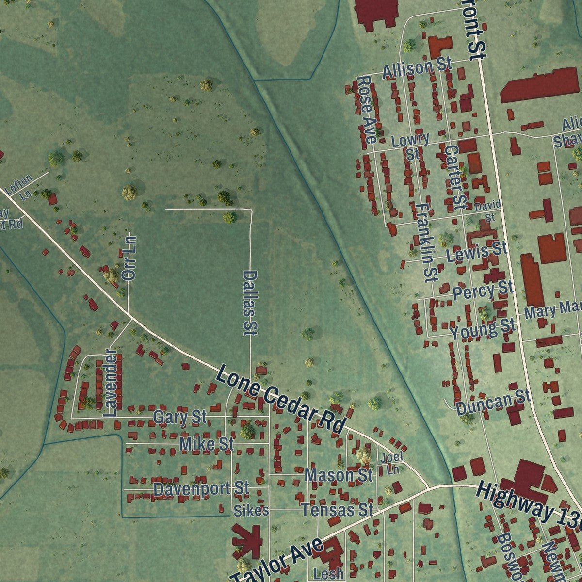 Second close-up of the map of Winnsboro, Louisiana print showing more streets and buildings