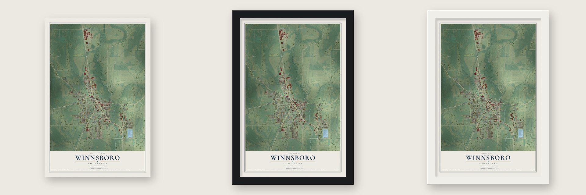 Winnsboro, Louisiana map unframed, in a black wood frame and in a white wood frame