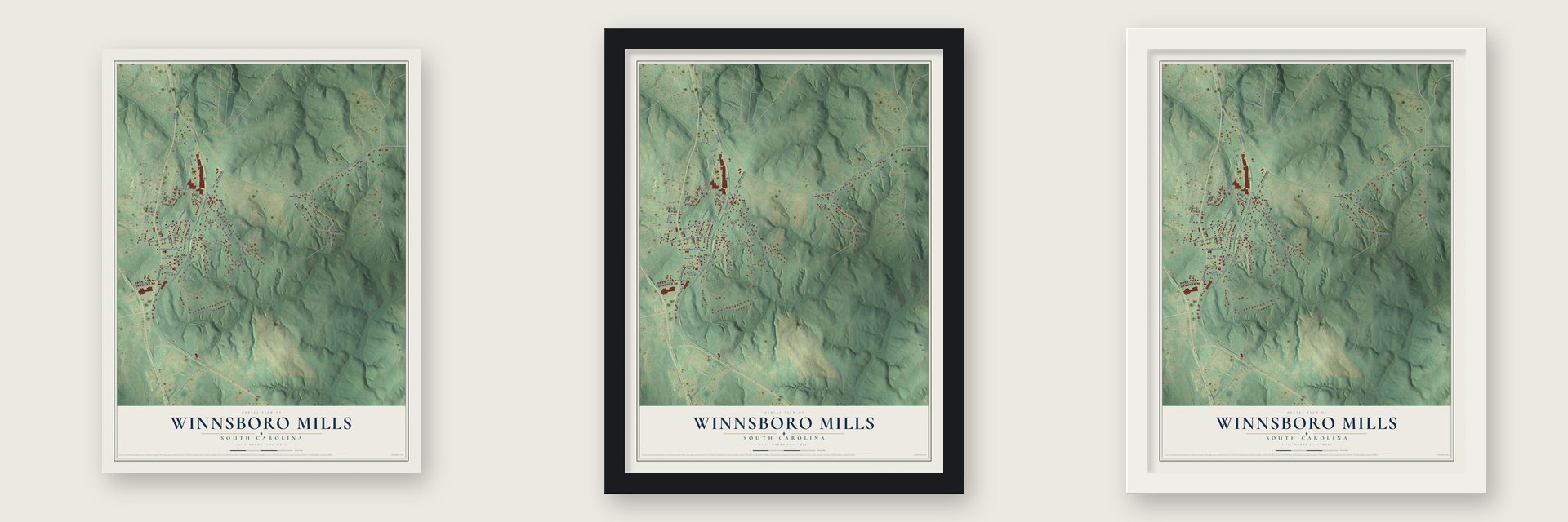 Winnsboro Mills, South Carolina map unframed, in a black wood frame and in a white wood frame