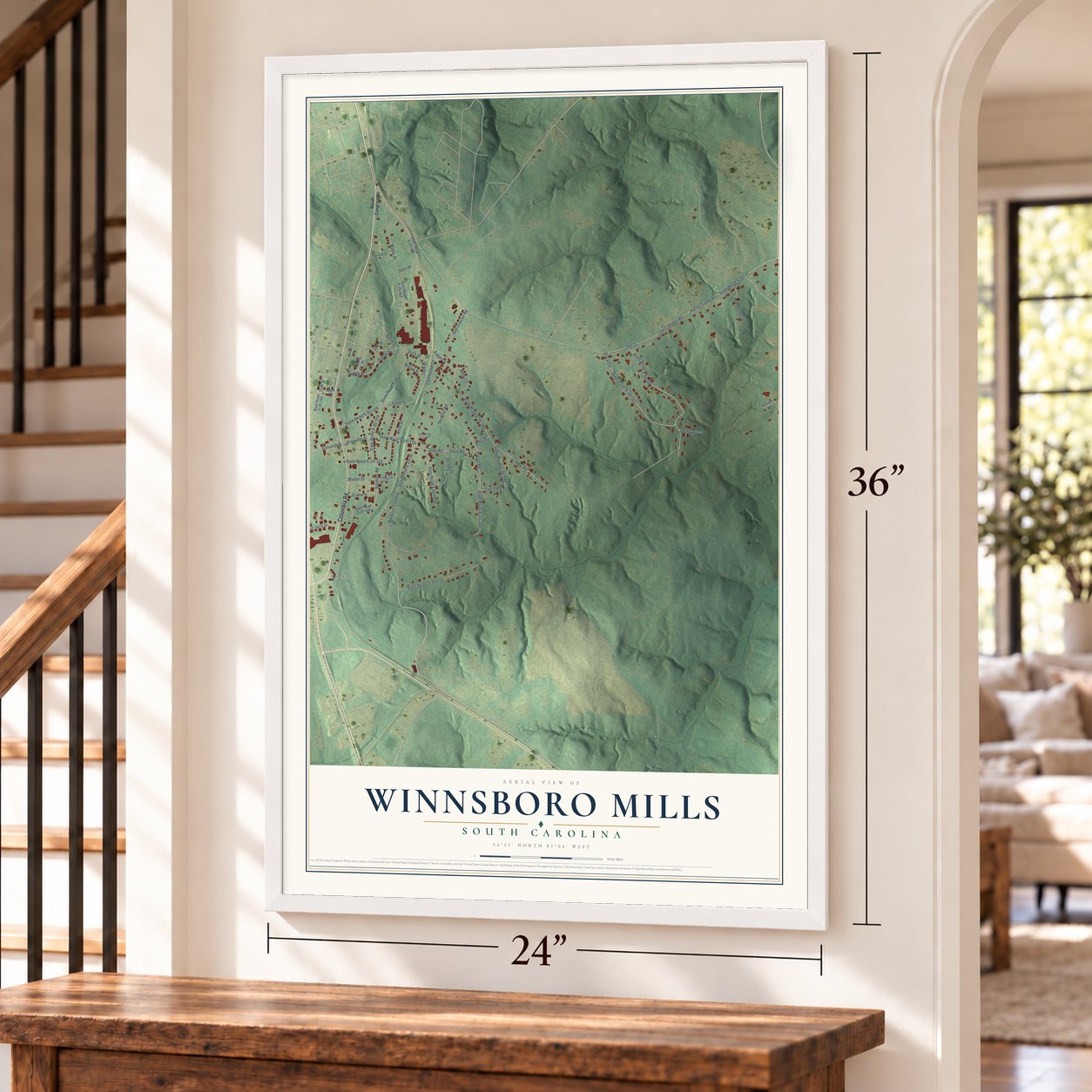 Winnsboro Mills, South Carolina map, 24 x 36 inch print in a white frame by a staircase