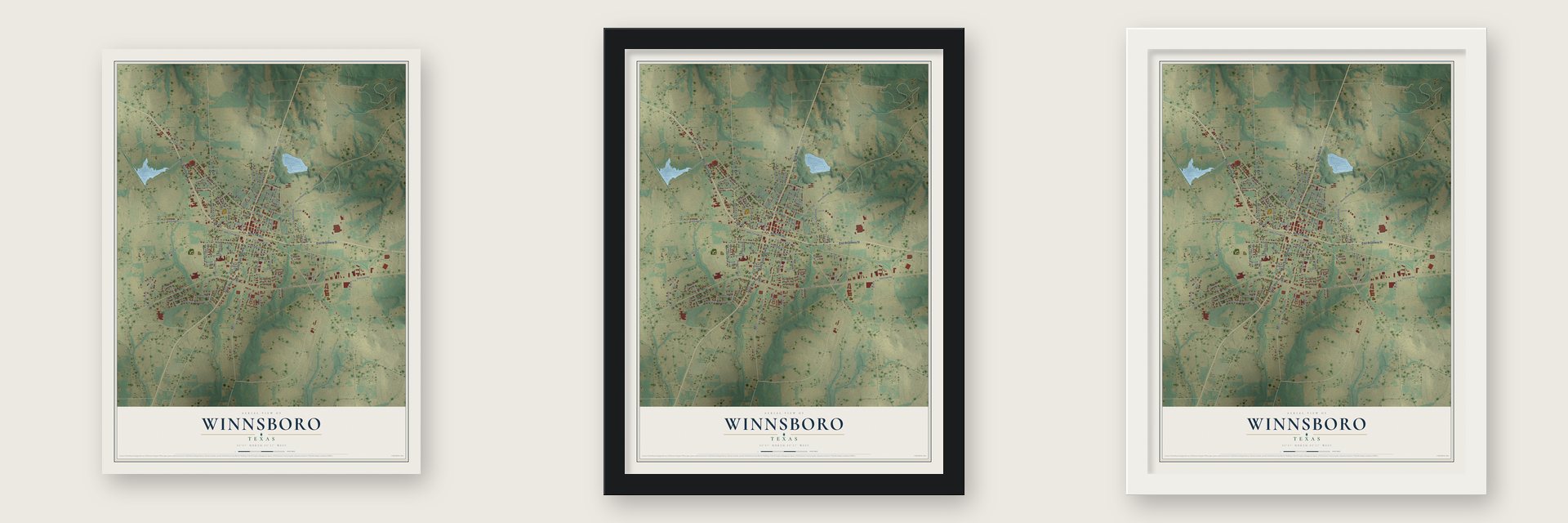 Winnsboro, Texas map unframed, in a black wood frame and in a white wood frame