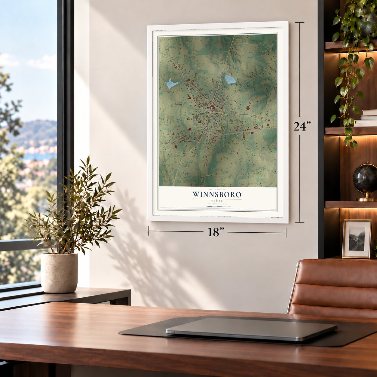 Winnsboro, Texas map, 18 x 24 inch print in a white frame in a home office
