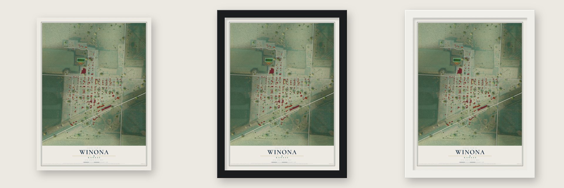 Winona, Kansas map unframed, in a black wood frame and in a white wood frame