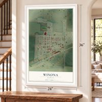 Winona, Kansas map, 24 x 36 inch print in a white frame by a staircase