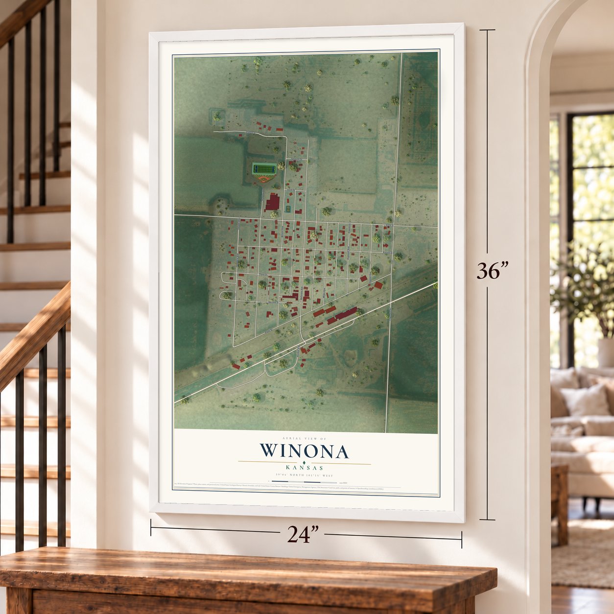 Winona, Kansas map, 24 x 36 inch print in a white frame by a staircase
