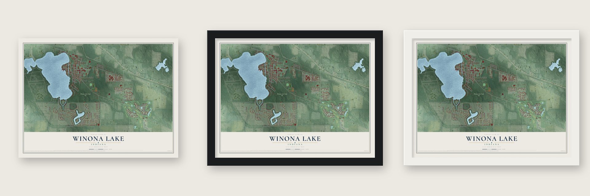Winona Lake, Indiana map unframed, in a black wood frame and in a white wood frame