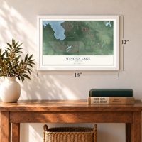 Winona Lake, Indiana map, 12 x 18 inch print in a white frame in an entryway