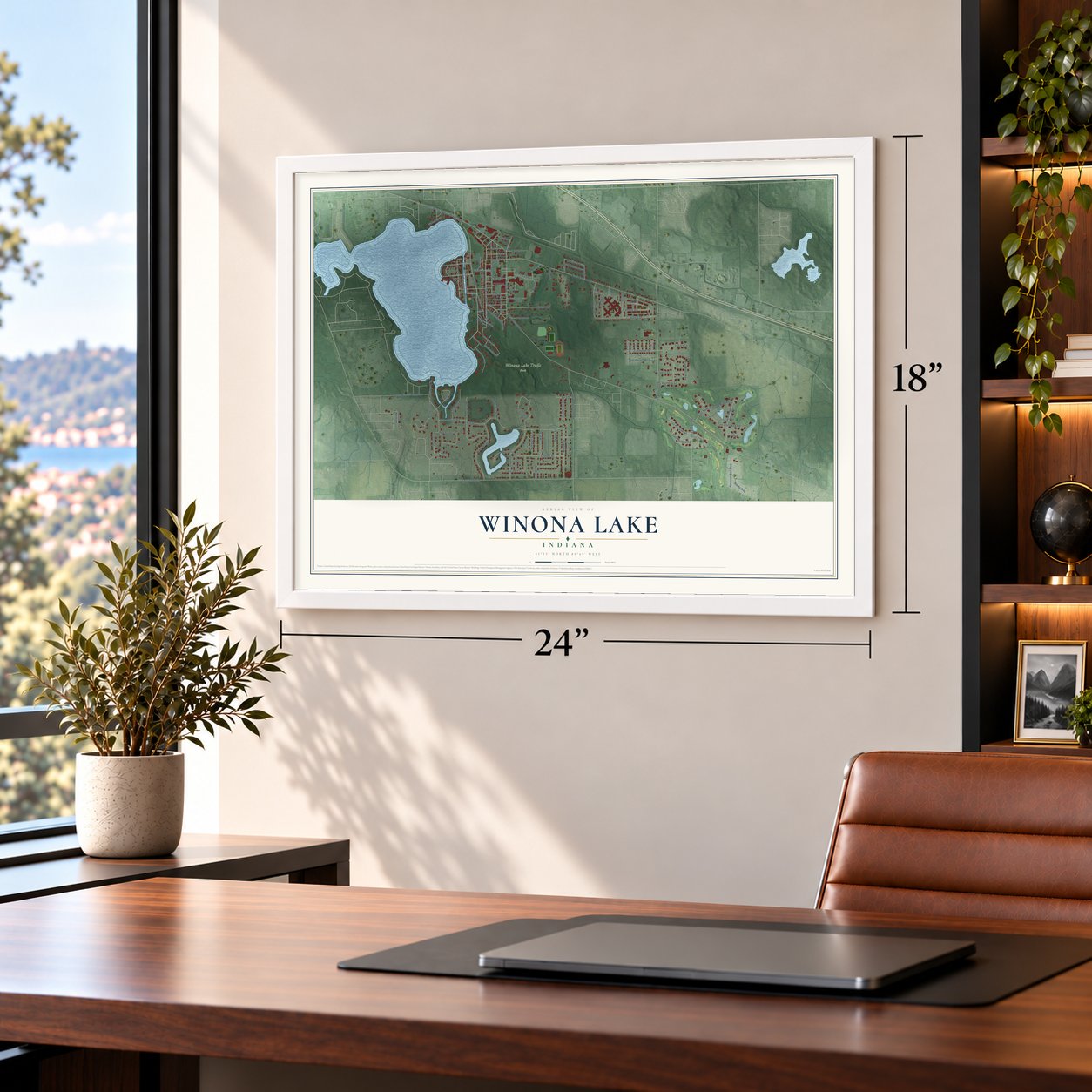 Winona Lake, Indiana map, 18 x 24 inch print in a white frame in a home office