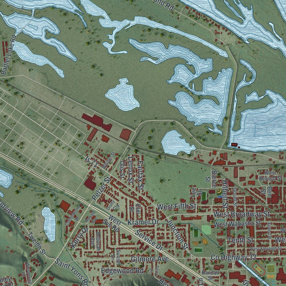 Second close-up of the map of Winona, Minnesota print showing more streets and buildings