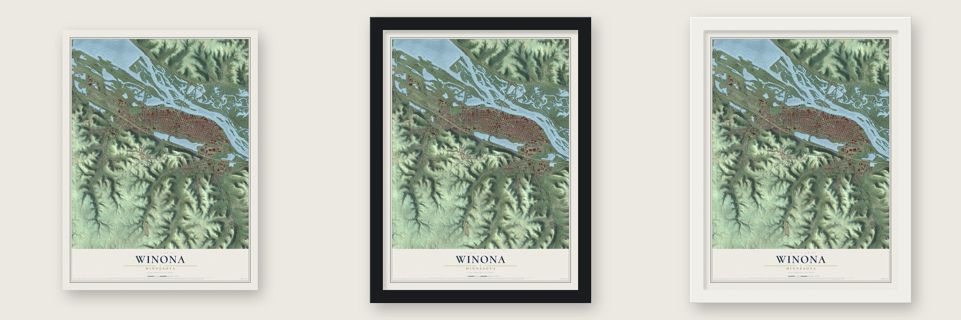 Winona, Minnesota map unframed, in a black wood frame and in a white wood frame