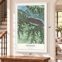 Winona, Minnesota map, 24 x 36 inch print in a white frame by a staircase