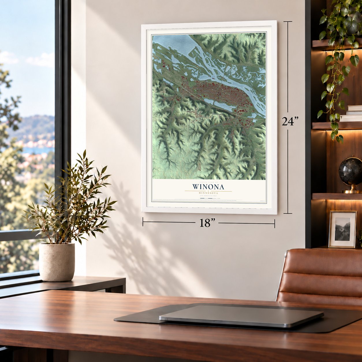 Winona, Minnesota map, 18 x 24 inch print in a white frame in a home office
