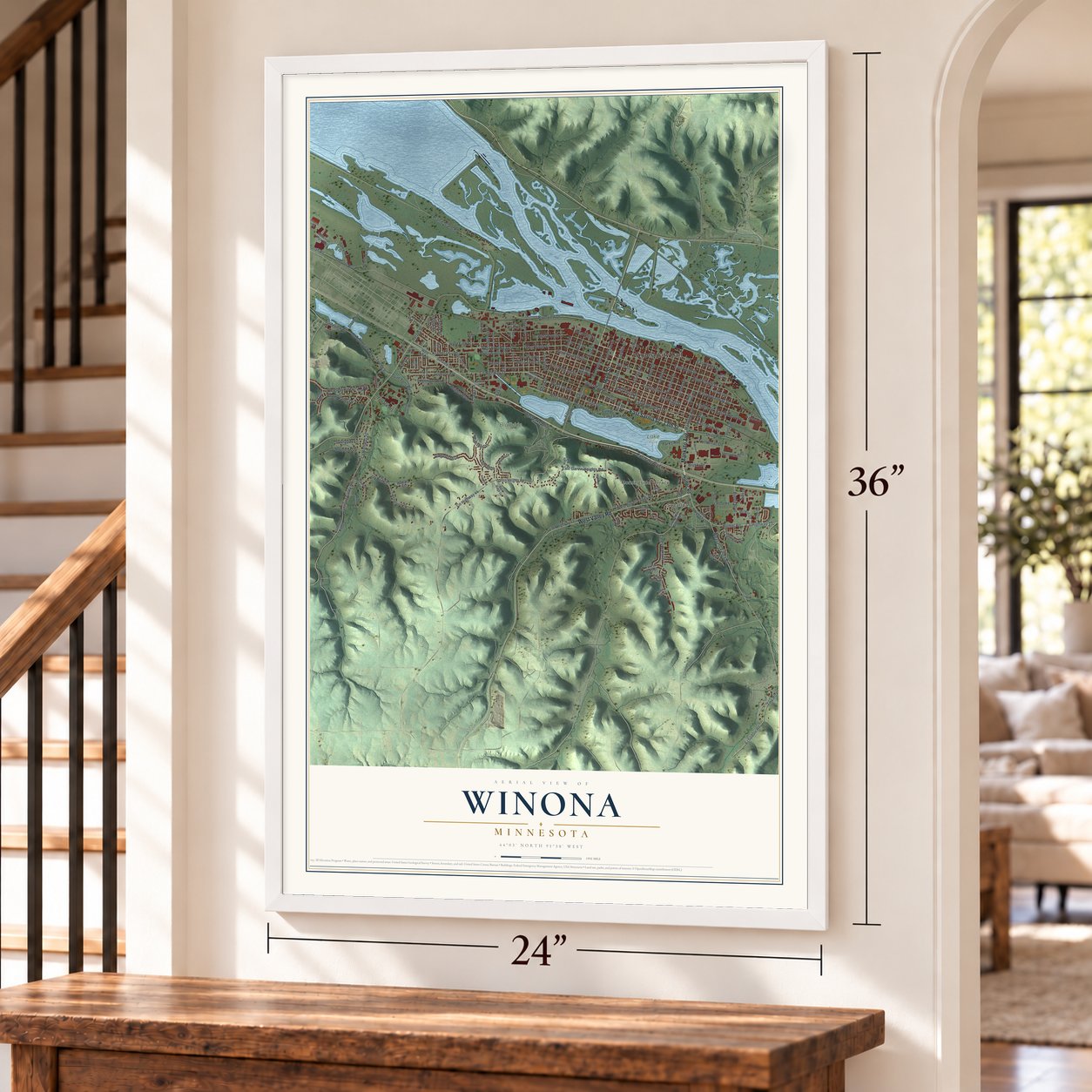 Winona, Minnesota map, 24 x 36 inch print in a white frame by a staircase