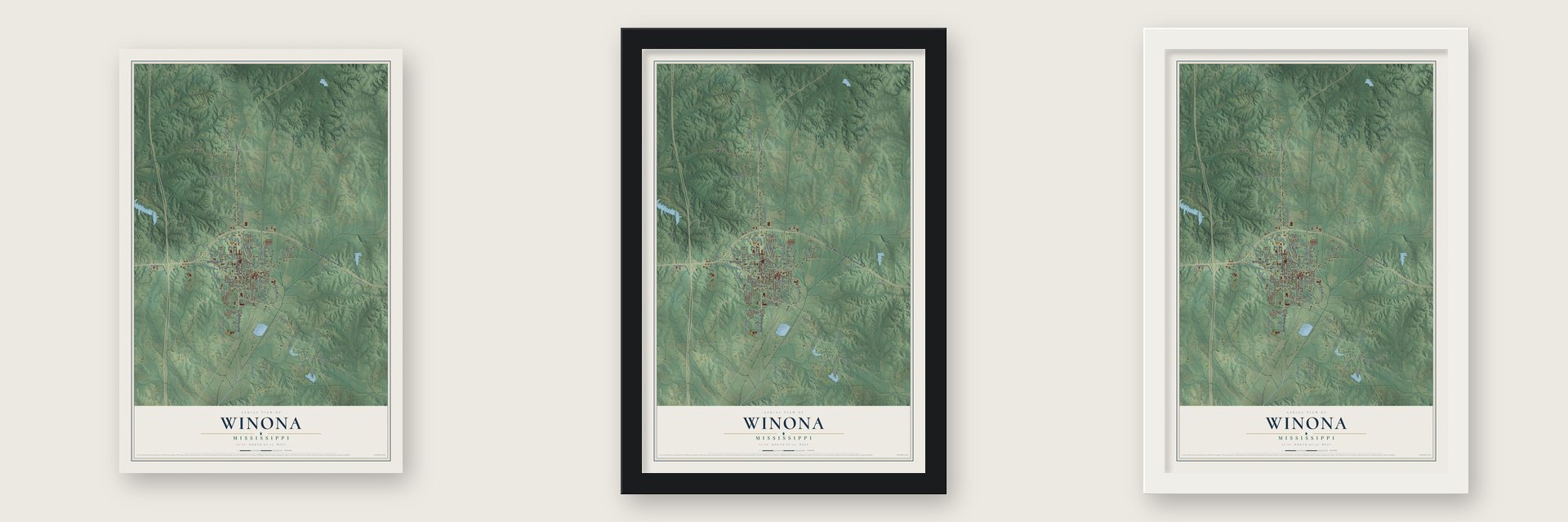 Winona, Mississippi map unframed, in a black wood frame and in a white wood frame
