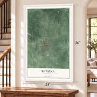Winona, Mississippi map, 24 x 36 inch print in a white frame by a staircase
