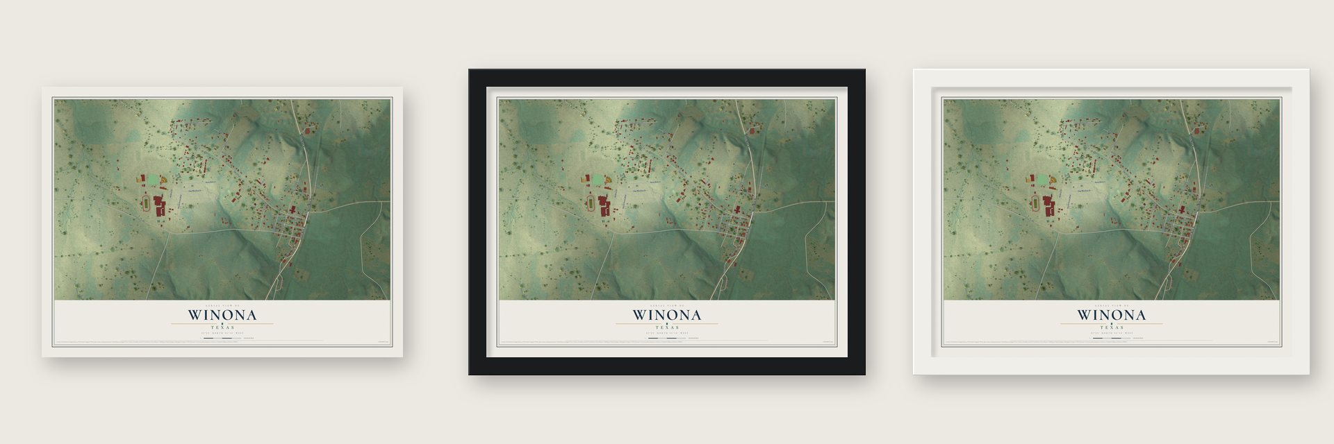 Winona, Texas map unframed, in a black wood frame and in a white wood frame