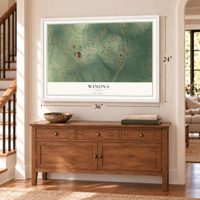 Winona, Texas map, 24 x 36 inch print in a white frame above a dresser by a staircase