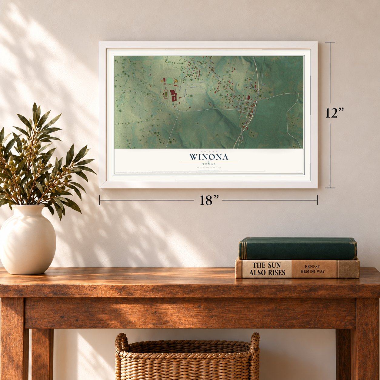 Winona, Texas map, 12 x 18 inch print in a white frame in an entryway