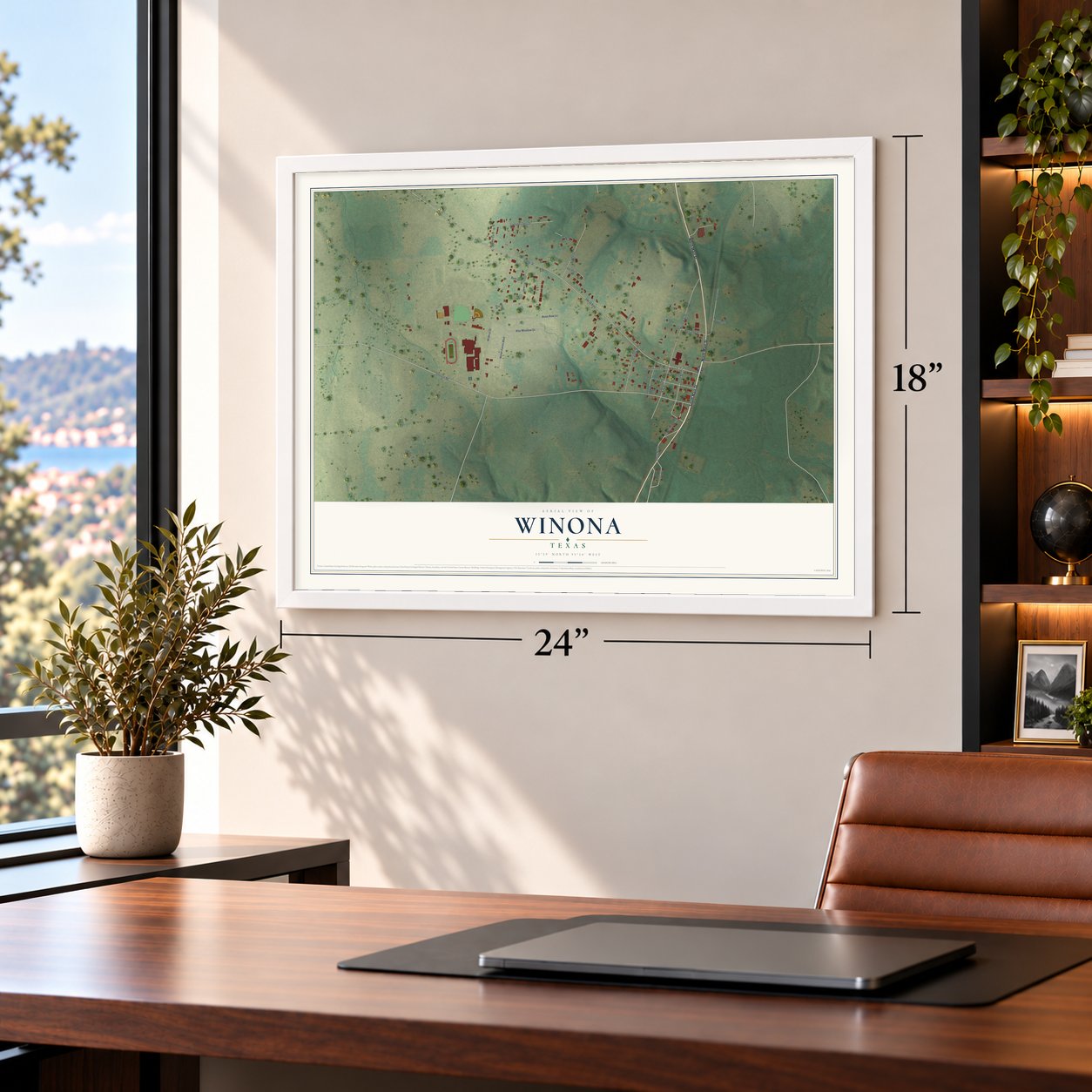 Winona, Texas map, 18 x 24 inch print in a white frame in a home office