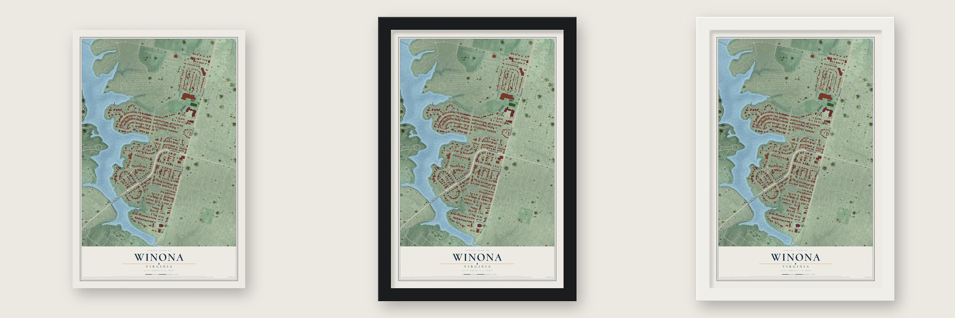 Winona, Virginia map unframed, in a black wood frame and in a white wood frame