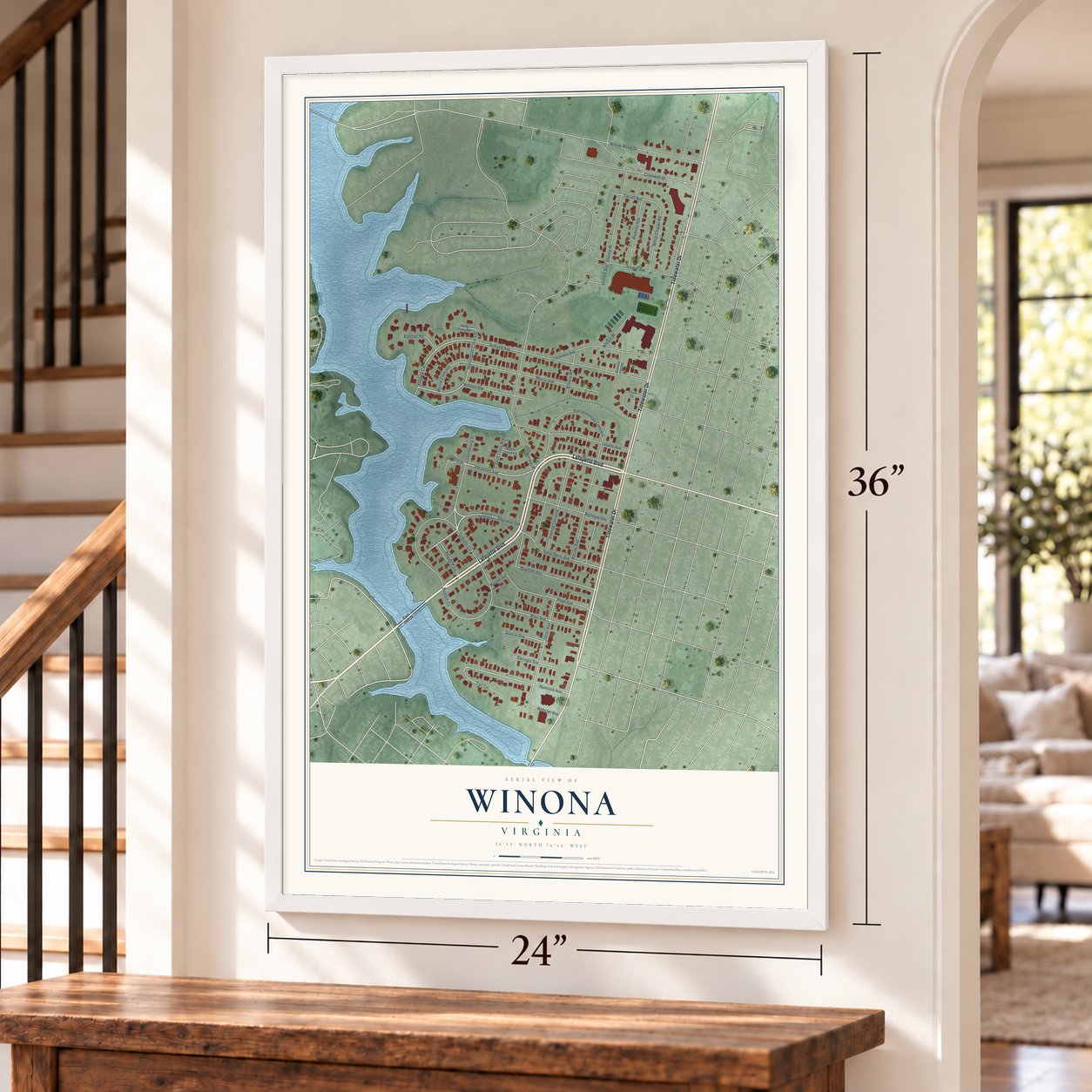 Winona, Virginia map, 24 x 36 inch print in a white frame by a staircase