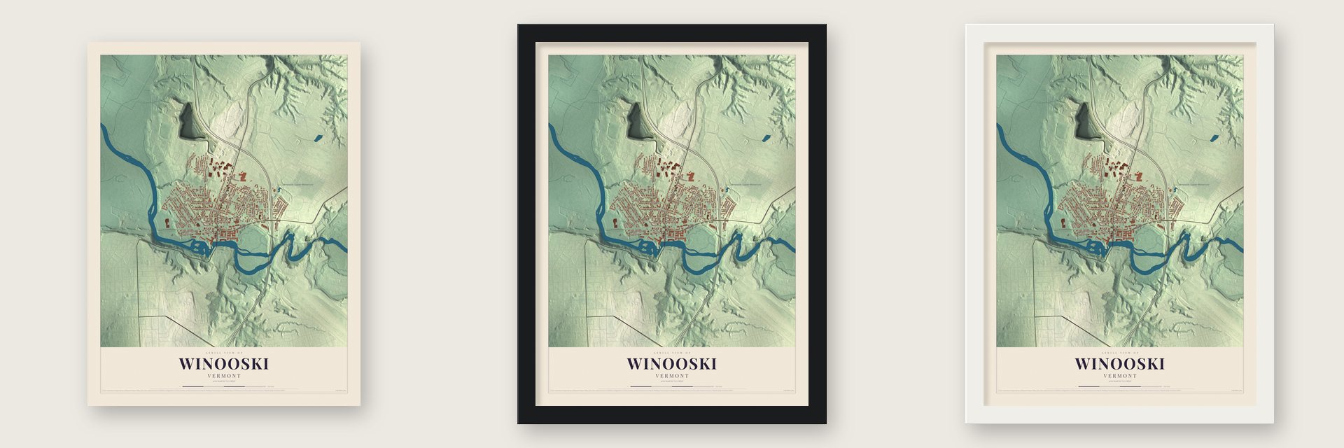 Winooski, Vermont map unframed, in a black wood frame and in a white wood frame