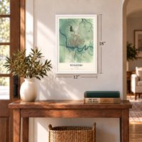 Winooski, Vermont map, 12 x 18 inch print in a white frame in an entryway