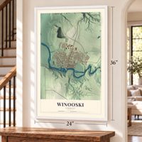 Winooski, Vermont map, 24 x 36 inch print in a white frame by a staircase