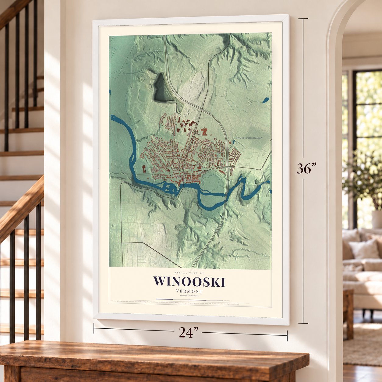 Winooski, Vermont map, 24 x 36 inch print in a white frame by a staircase