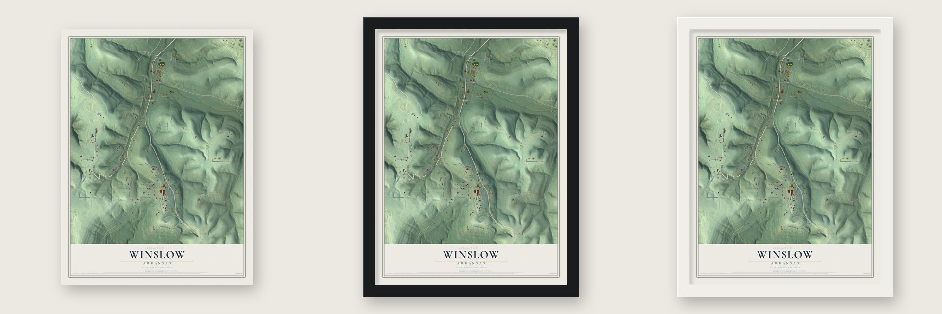 Winslow, Arkansas map unframed, in a black wood frame and in a white wood frame