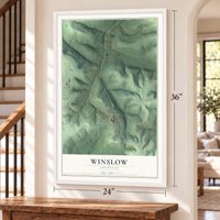 Winslow, Arkansas map, 24 x 36 inch print in a white frame by a staircase