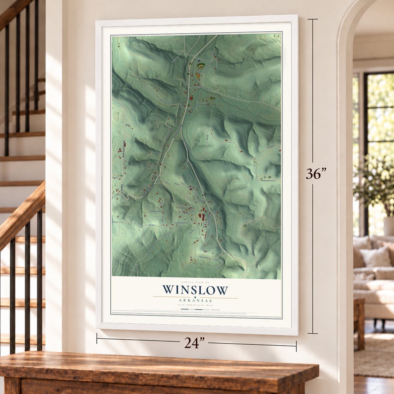 Winslow, Arkansas map, 24 x 36 inch print in a white frame by a staircase
