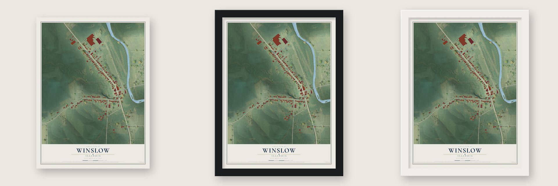 Winslow, Illinois map unframed, in a black wood frame and in a white wood frame