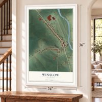 Winslow, Illinois map, 24 x 36 inch print in a white frame by a staircase