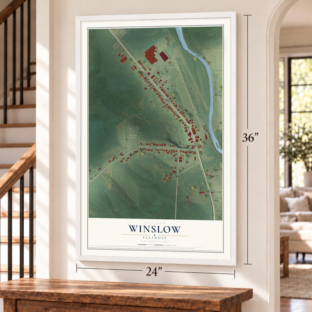 Winslow, Illinois map, 24 x 36 inch print in a white frame by a staircase