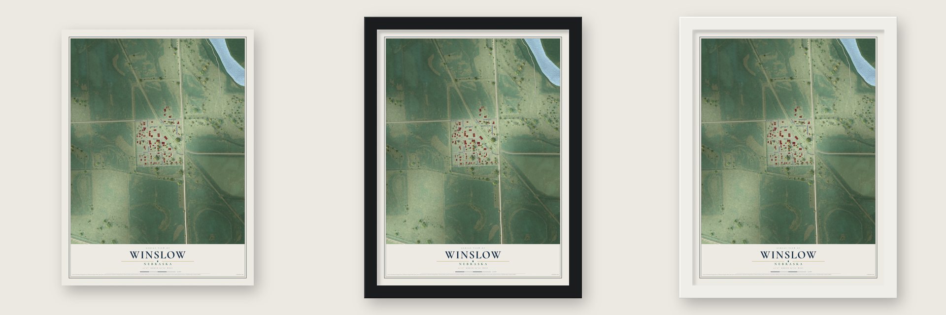 Winslow, Nebraska map unframed, in a black wood frame and in a white wood frame