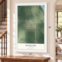 Winslow, Nebraska map, 24 x 36 inch print in a white frame by a staircase