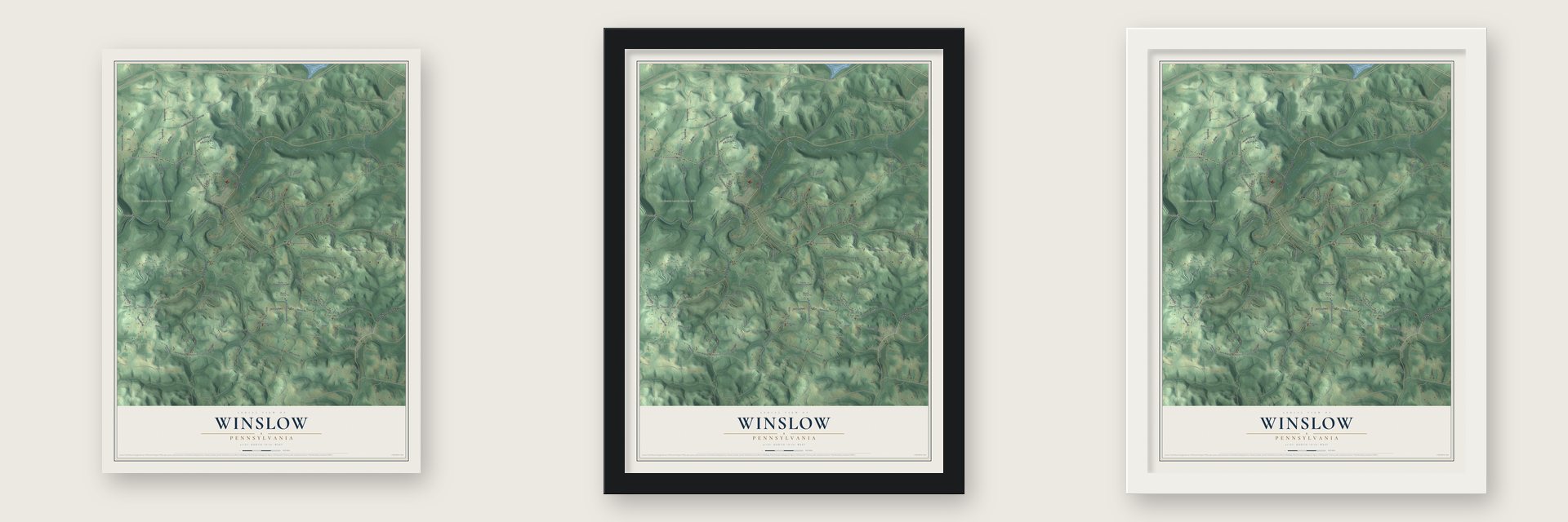 Winslow, Pennsylvania map unframed, in a black wood frame and in a white wood frame