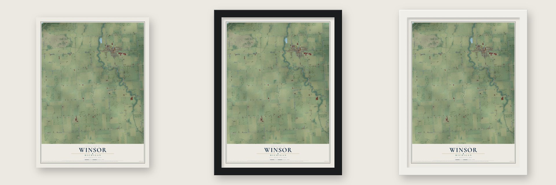 Winsor, Michigan map unframed, in a black wood frame and in a white wood frame